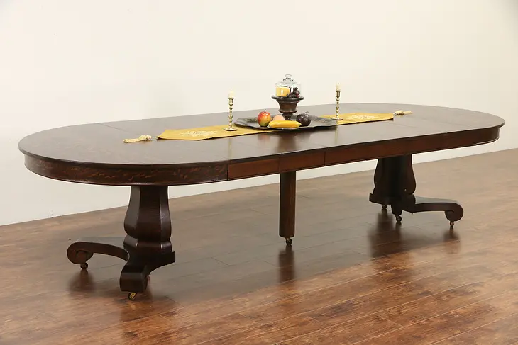 Round 54" Antique 1900 Oak Pedestal Dining Table, 6 Leaves, Extends 10' 6"