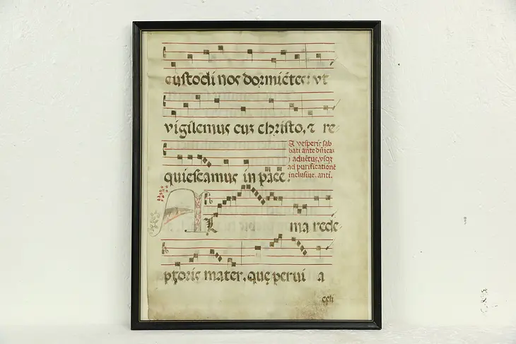 Vellum Hand Painted Latin Musical Notation Manuscript, Late 1600's, Framed