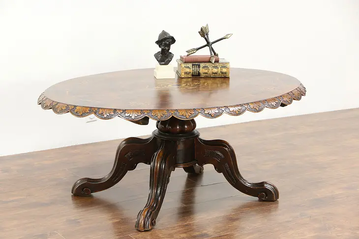 Marquetry & Burl Hand Carved Antique Oval Walnut Coffee Table, France