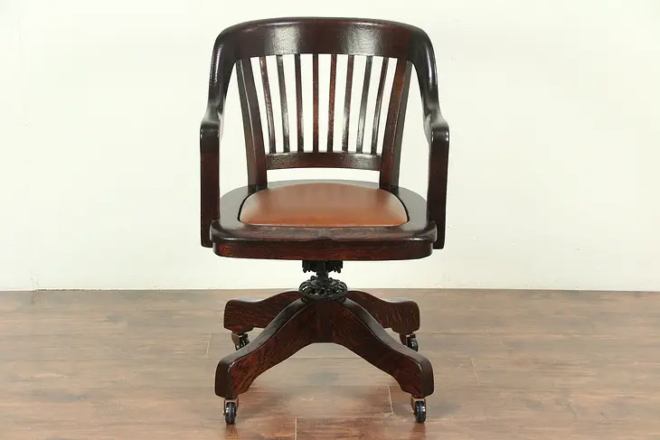 Oak Antique Adjustable Swivel Desk Chair, Signed & Pat. 1914, New Leather #28977