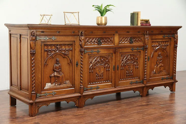 Oak Antique Sideboard, Server, TV Console Cabinet, Gothic Carved Knights #29947