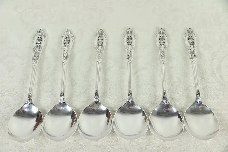 Set of 6 Sterling Silver 6" Cream Soup Spoons, Rose Point by Wallace  #30136