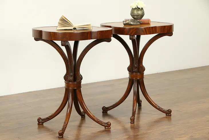 Pair Cloverleaf Vintage Carved Mahogany Lamp or End Tables, Nightstands #32102