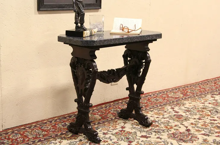 Chairside or Console Table, 1890 Antique with Dolphins, Granite Top