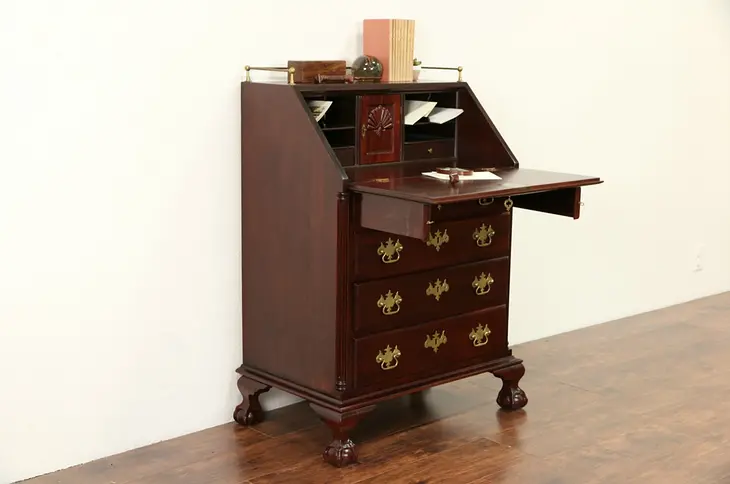 Traditional Mahogany Vintage Secretary Desk, Carved Shells & Ball & Claw Feet