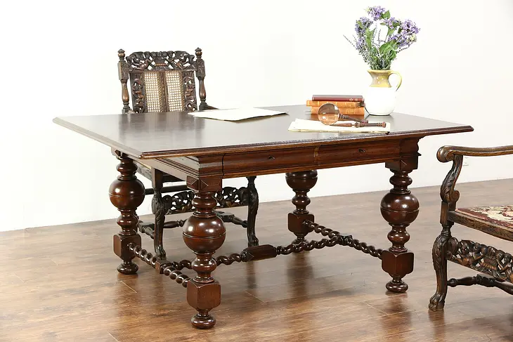 Dutch 1890 Antique Oak Renaissance Partner Desk or Library Writing Table