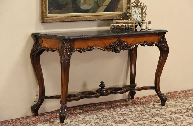 French Marble Top 1900 Antique Console, Hall or Sofa Table
