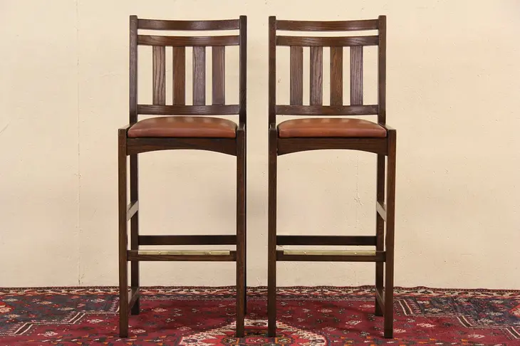 Pair of Mission Oak Arts & Crafts Style Vintage Barstools, Leather Stool Seats