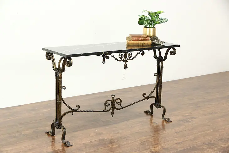 Wrought Iron & Black Marble 1915 Antique Console, Hall or Sofa Table #26919