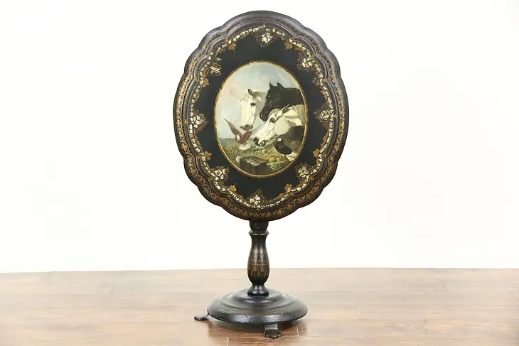 Victorian Antique Papier Mache Tea Table, Pearl & Hand Painted Horses & Birds