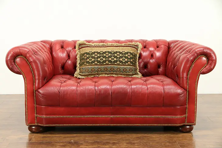 Leather Tufted Vintage Chesterfield Sofa, Brass Nailhead Trim #31007