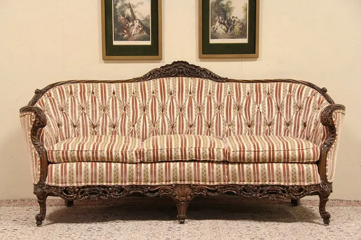 Shell Carved 1930's Tufted Vintage Sofa