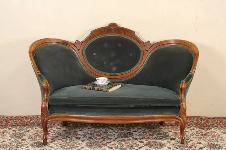Victorian Antique 1870 Loveseat, Walnut & Velvet Upholstery