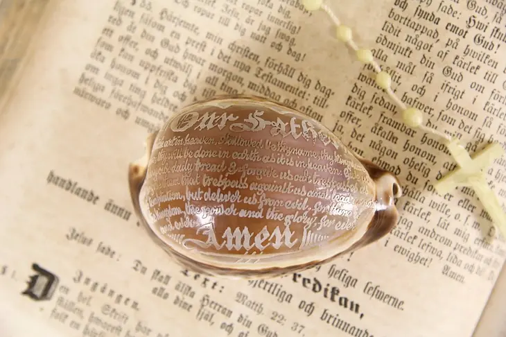 Carved Lord's Prayer on Cowrie Sea Shell