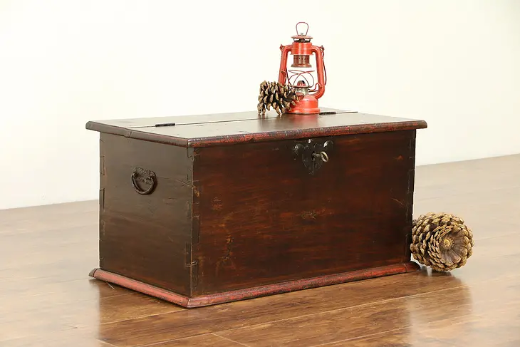 Antique 1830 Small Child Size Trunk, Chest or Coffee Table, Orig. Lock #30359