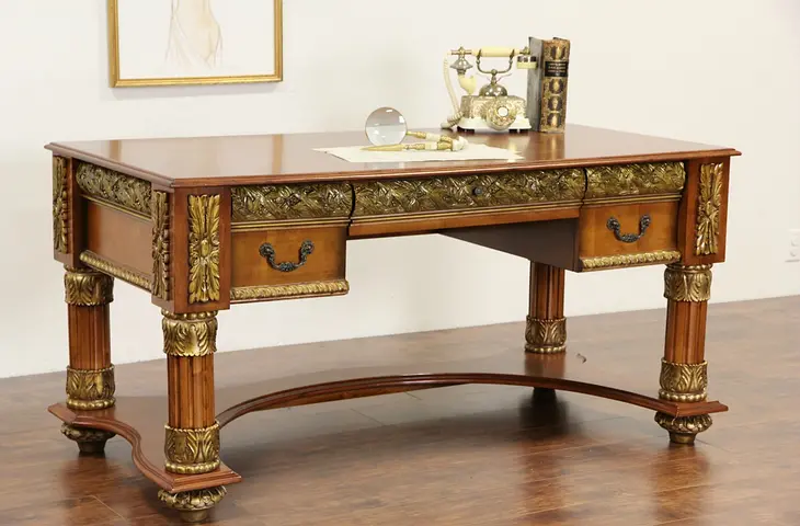 Library Writing Desk, Classical Carved Cherry & Maple with Dark Gold