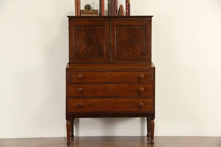 Sheraton 1830's Antique Mahogany Secretary Desk, Leather Top