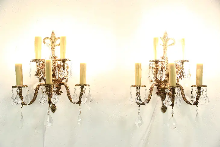 Pair of Vintage Bronze 5 Candle Wall Sconce Light Fixtures, Crystal Prisms