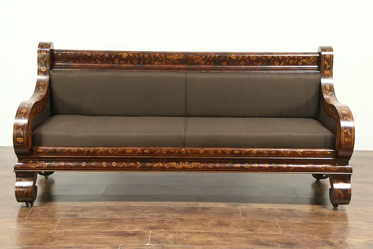 Dutch Inlaid Marquetry 1860 Antique Mahogany Sofa, Newly Upholstered