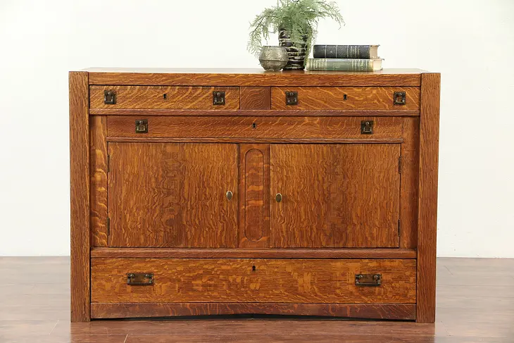 Arts & Crafts Mission Oak Antique Sideboard, Server or TV Console Cabinet #29530