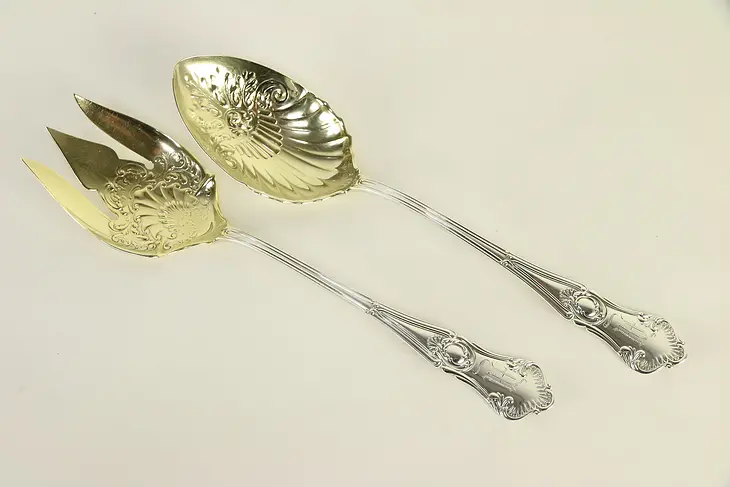 Sterling Silver Antique Spoon & Fork Salad Serving Set, M Mono, Gold Wash #30200