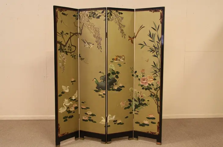 Coromandel Carved 4 Panel Chinese Screen
