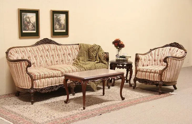 Shell Carved 1930's Tufted Vintage Sofa & Armchair Set