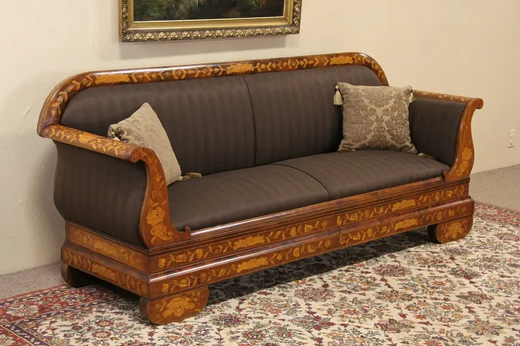 Dutch Inlaid Marquetry 1860 Antique Sofa, Newly Upholstered