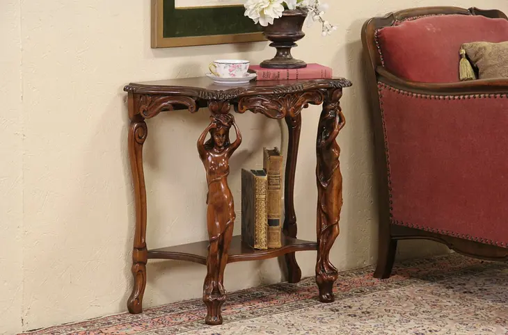 Console or Chairside Table, 1920's Carved Female Figures