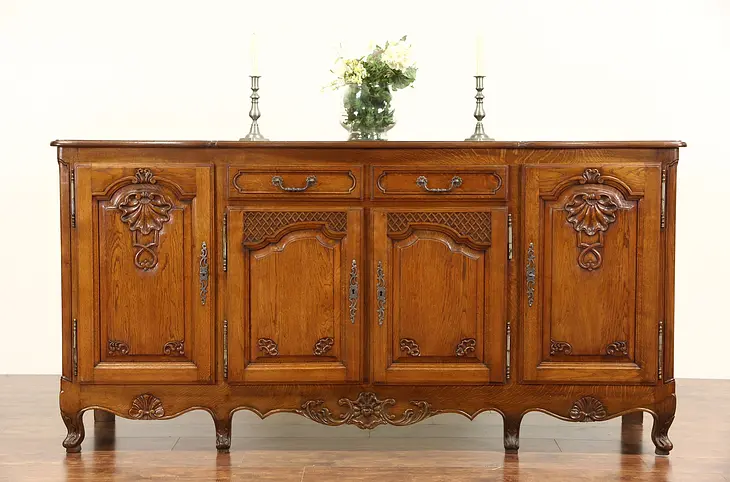 Country French Hand Carved Oak 1920 Antique Sideboard, Server or Buffet