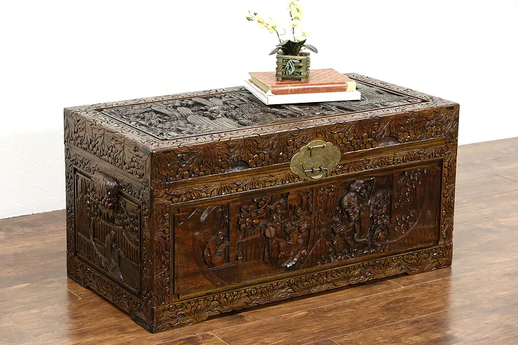 Chinese Hand Carved Vintage Camphor Wood Linen Trunk, Dowry Chest, Coffee Table