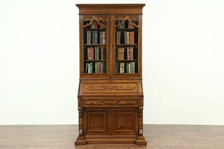 Victorian Renaissance Antique 1870 Walnut Secretary Desk & Bookcase #28807