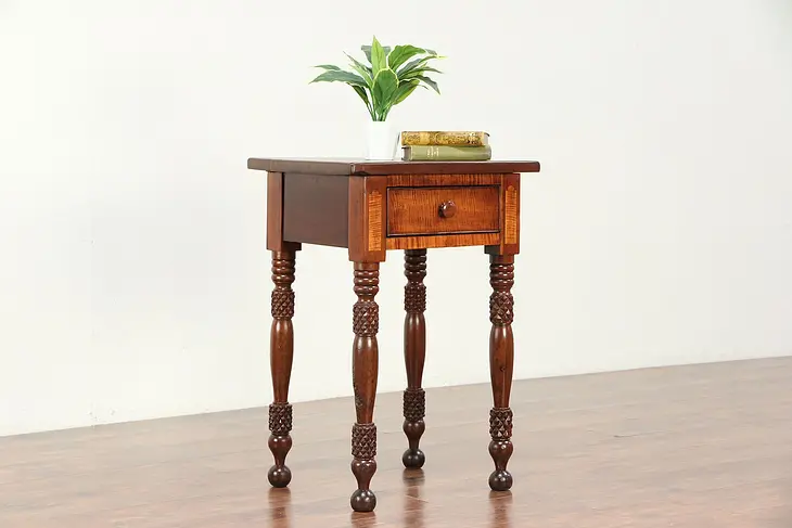 Cherry & Tiger Maple Carved Antique 1830 Lamp Table or Nightstand #29973