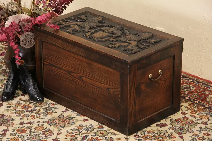 Oak Trunk, Chest or Bench, Carved Lions Coat of Arms Crest