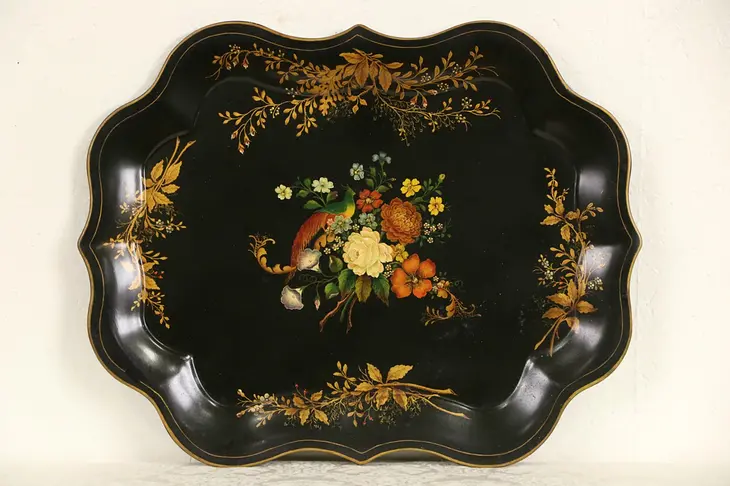 Toleware Antique Tin Tray, Hand Painted & Signed, Blanch Wood 1959