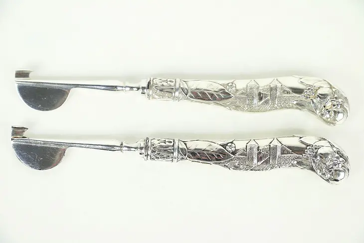 Pair Sterling Silver Antique Cheese & Fruit Knives, Castle & Arms Motif #28921