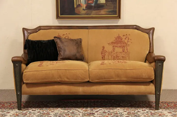 Leather Trim Vintage Sofa, Down Cushions