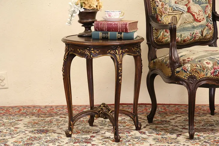 Italian Carved 1920 Chairside Table, Bronze Highlights