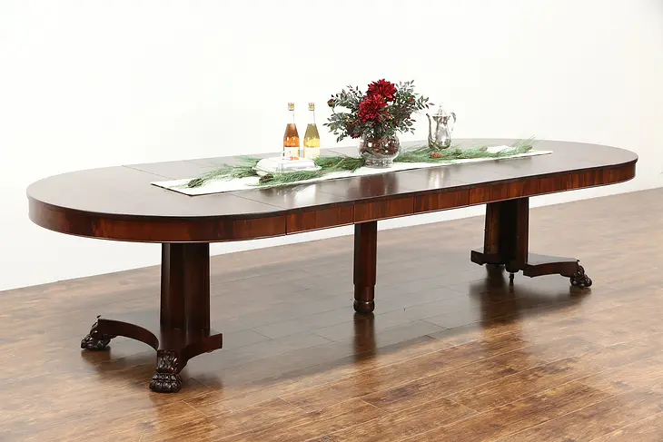 Round 54" Antique Mahogany Dining Table, 6 Leaves, Lion Paw Foot Pedestal