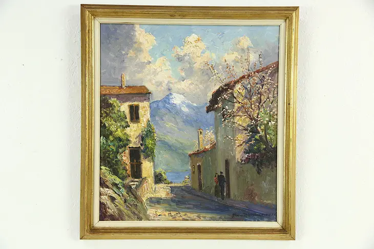 Italian Street Scene with Tree in Blossom, Original Vintage Oil Painting