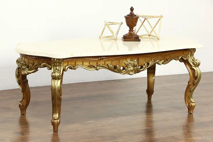 Carved Gold & Bronze Finish Vintage Coffee Table, Marble Top