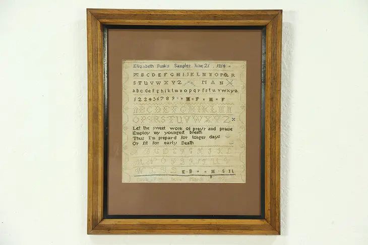 Sampler Cross Stitch Antique Signed Elizabeth Funks 1814, Philadelphia Frame