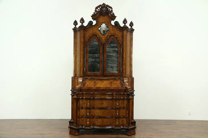 Baroque Antique 1890 Rosewood & Burl Secretary Desk & Bookcase, Italy