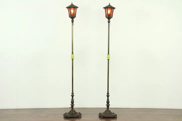 Pair of Antique Lantern Floor Lamps, Mica Shades, Signed Rembrandt #28545