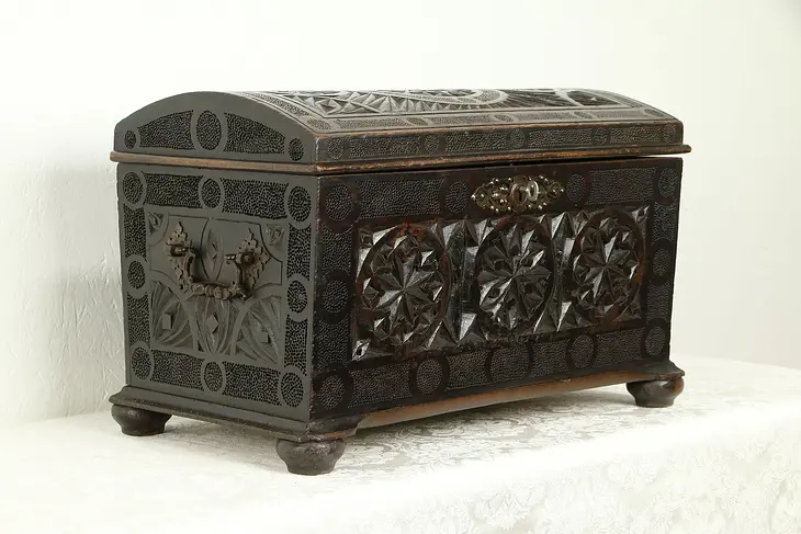 Hand Carved French Antique Small Treasure Chest or Trunk with Lock #31330