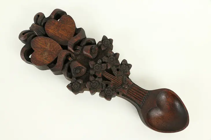 Welsh Hand Carved Mahogany Traditional Wedding Spoon, Hearts & Flowers #32010