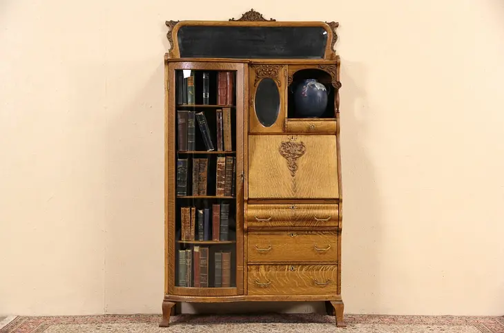 Oak 1900 Antique Secretary Desk Side by Side Curved Glass Bookcase