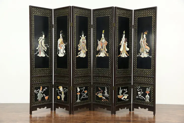 Chinese 6 Panel Carved Jade & Stone Vintage Lacquer Screen, 6 Musicians