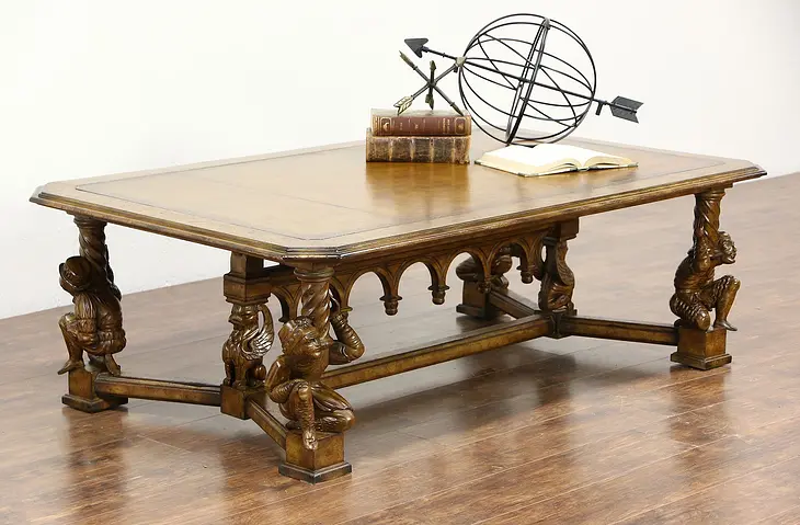 Designer Coffee Table, Jester & Griffin Carved Sculpture Base, Tooled Leather