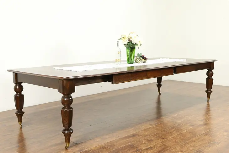 English Victorian Antique 1895 Oak Dining Table, 6 Leaves, Extends 11' #31208